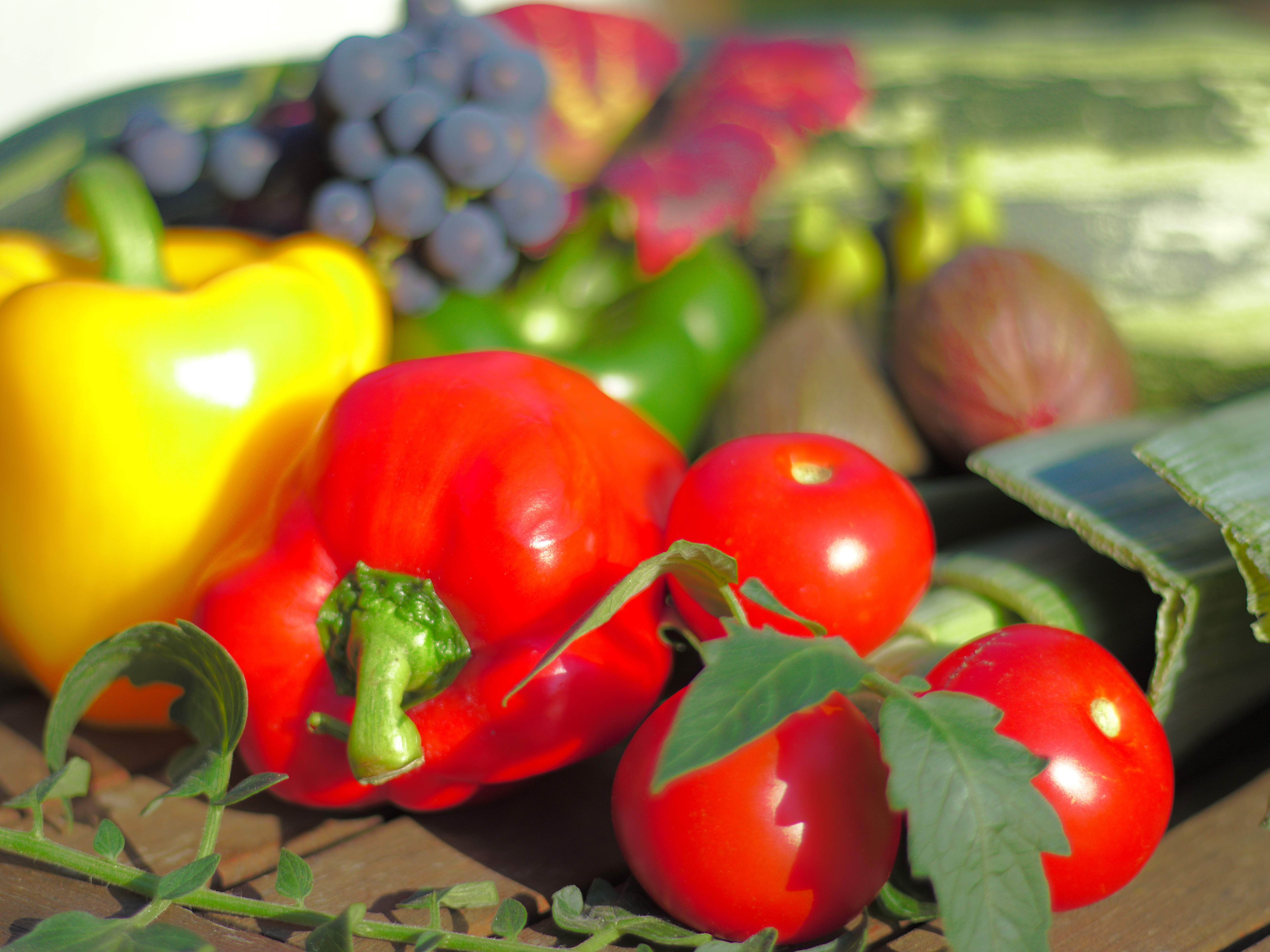 Frische Auswahl an farbenfrohem Gemüse und Obst, darunter rote und gelbe Paprika, Tomaten, grüne Paprika, Feigen, Trauben und Zucchini. Die lebendigen Farben und verschiedenen Texturen heben die Vielfalt und Frische der Lebensmittel hervor.