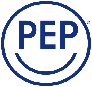 PEP Coaching Logo – blauer Schriftzug „PEP“ im Kreis, darunter geschwungene Linie als Lächeln, Symbol für positive Veränderung und persönliche Entwicklung