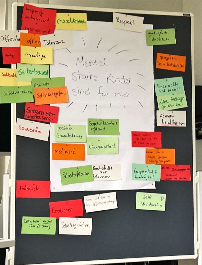 Workshop-Ergebnis der Teamschulung MachMuts Sportcamp: Pinnwand mit bunten Kärtchen, auf denen Begriffe wie Selbstbewusstsein, Empathie, Respekt und positive Grundhaltung gesammelt wurden – Reflexion zur Frage, was mentale Stärke bei Kindern bedeutet.