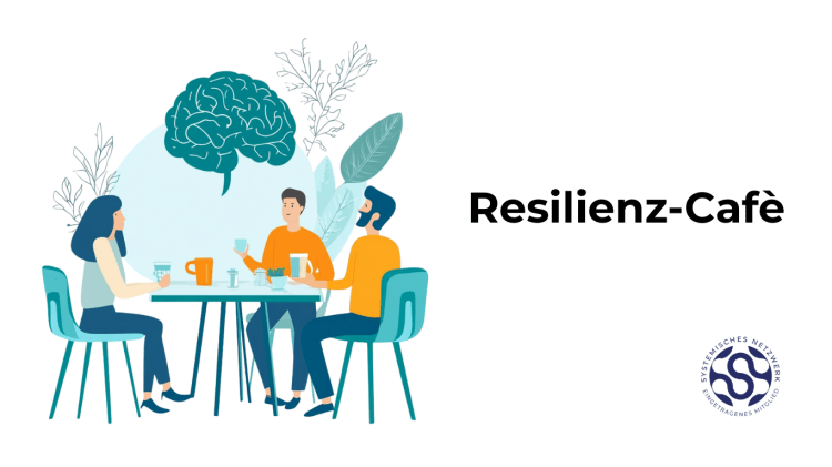 Illustration von drei Menschen im Gespräch bei Kaffee, mit Symbol eines Gehirns für mentale Gesundheit – Resilienz-Cafè, psychosoziale Begegnung und Austausch in sicherem Rahmen.
